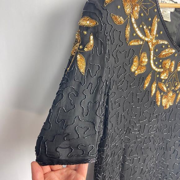 Vintage Beaded Cocktail Dress Size 2X Black Gold‎ Sequins B2 & US by Marx & John - Picture 14 of 15